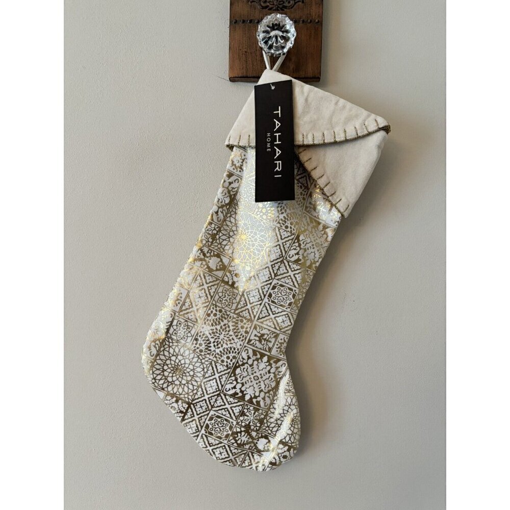 NWT Tahari Home Christmas Stocking Gold Foil Mixed Pattern Felt Trim 22"x8"